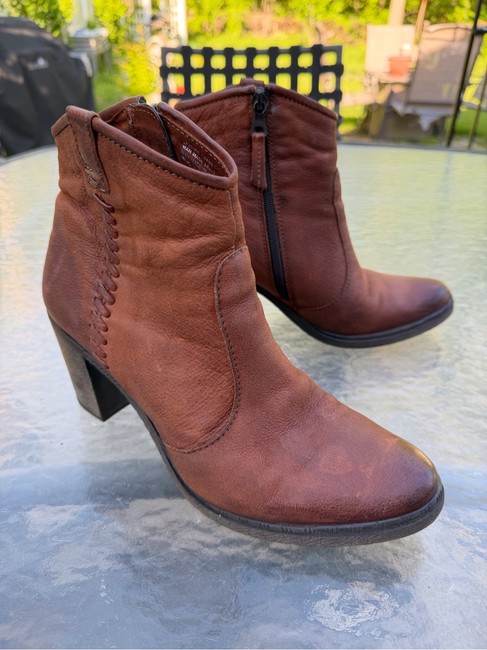 Miz Mooz Rustic Brown Leather Ankle Booties with Block Heel